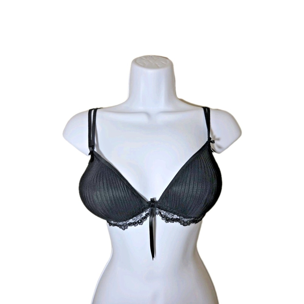 ArgentoVivo Pleated Ribbon Lace Bra 36B Black Made‎ in Italy